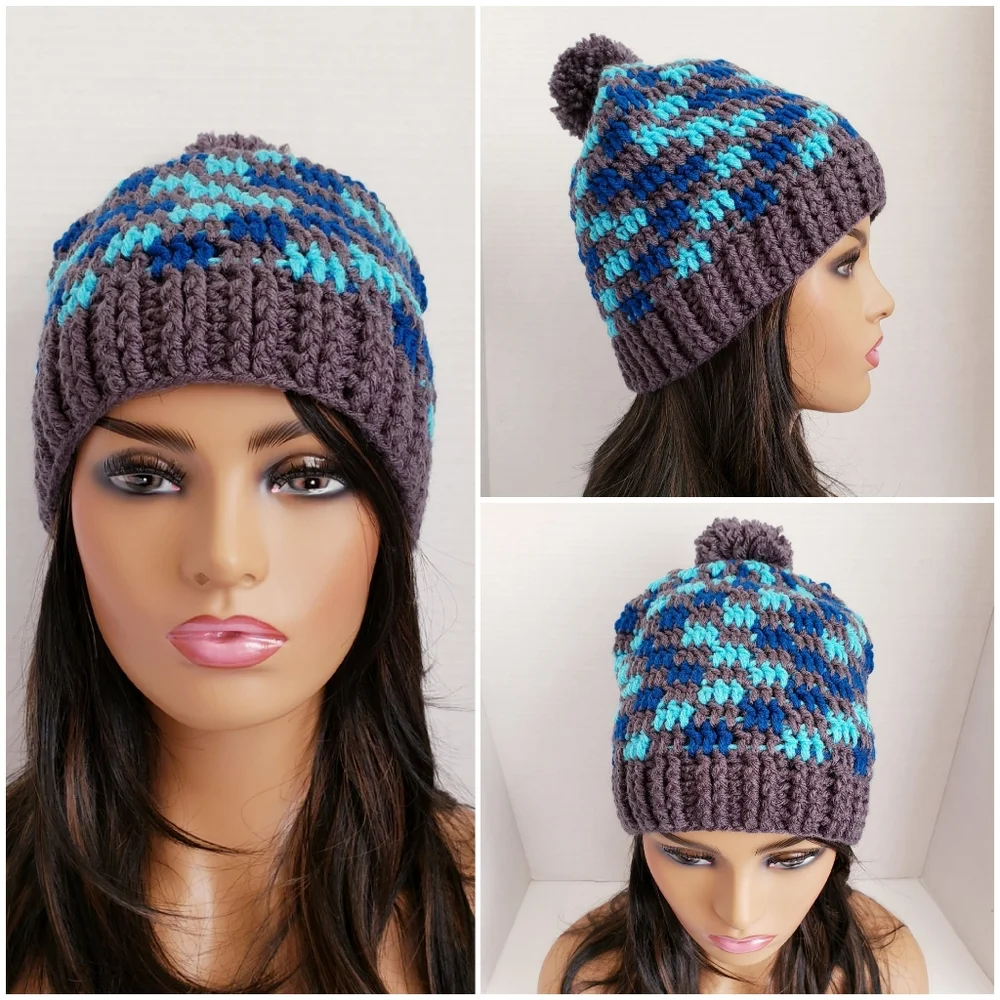 ⚜️FINAL⚜️NEW! Handmade Winter Hat 🤍Blue, aqua, gray